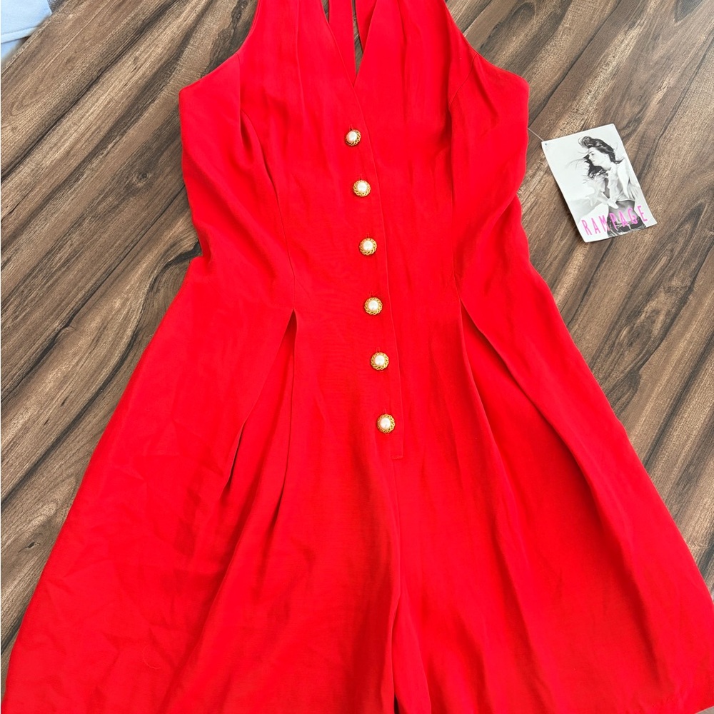 NWT Vintage Rampage Red Halter Romper with Gold/Pearl Buttons
